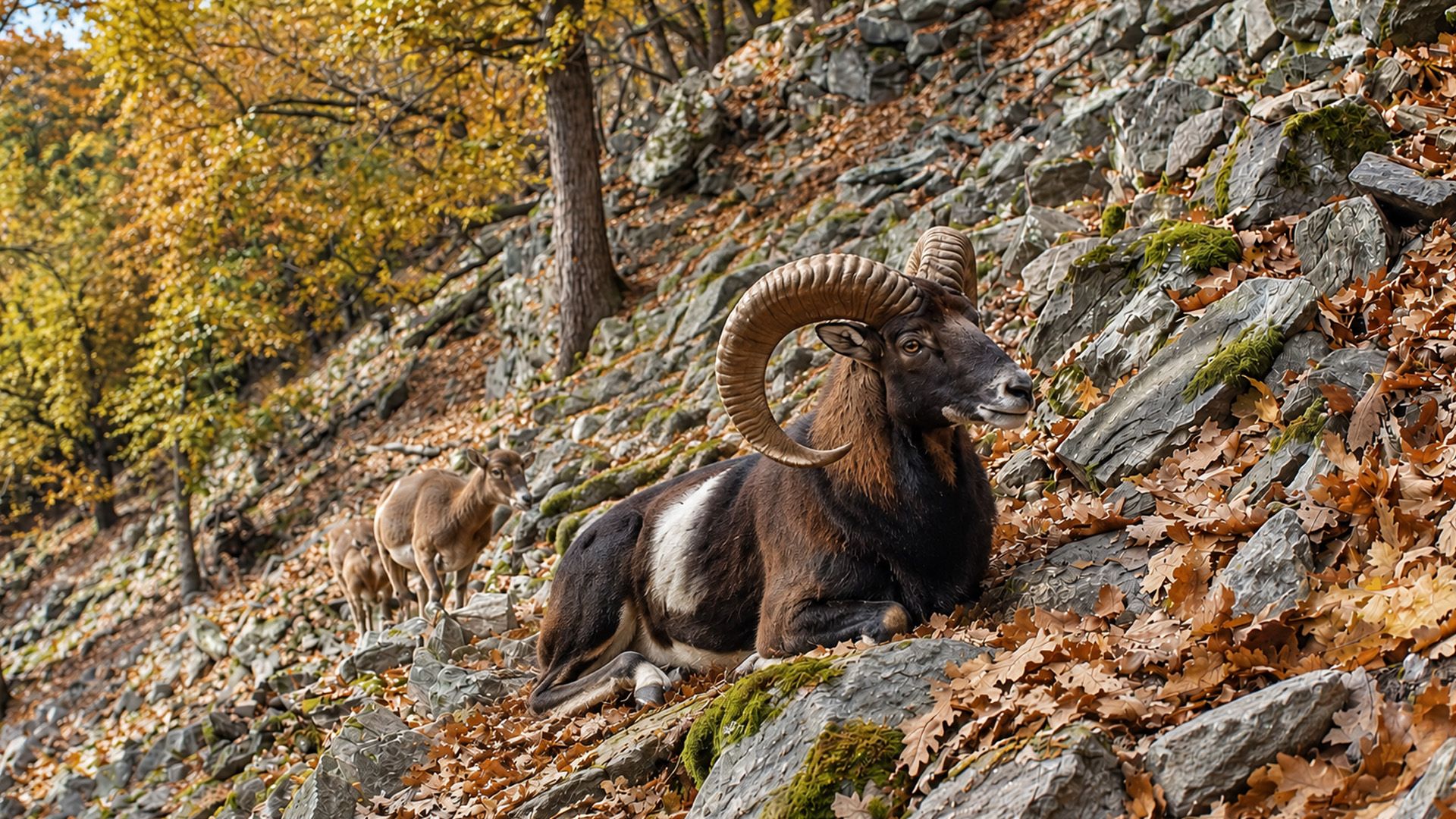 Camera trap captures a powerful ram resting on a rocky forest slope