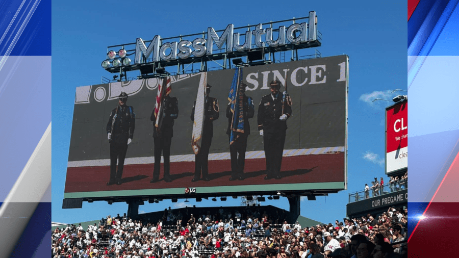 Easthampton Police Honor Guard presents colors at Fenway Park on Labor Day