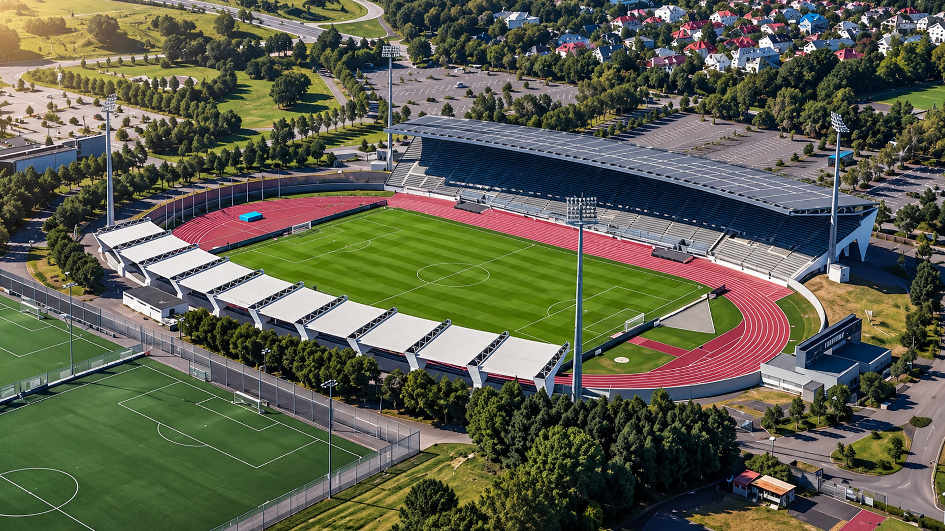 Laugardalsvöllur stadium surrounded by Reykjavik greenery