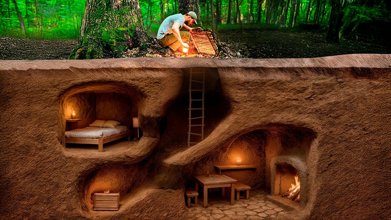 A wilderness shelter hidden beneath oak trees