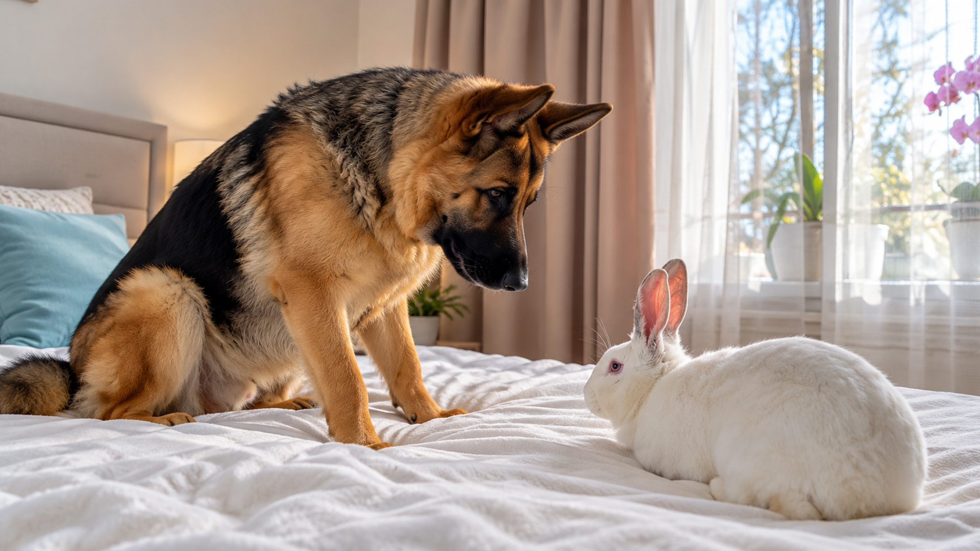 German shepherd gently befriends a white rabbit