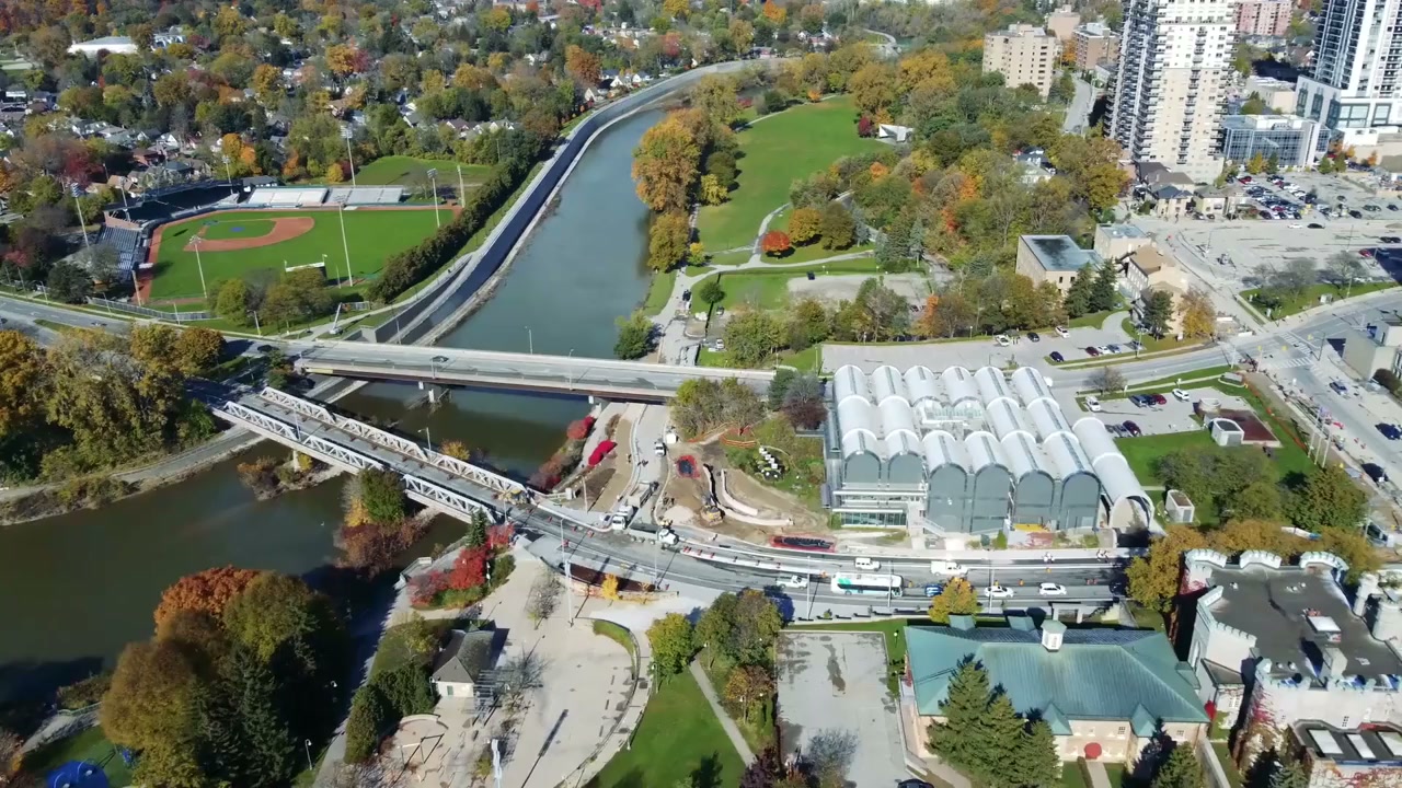 London, Ontario, Canada: Drone soars over urban city scenery
