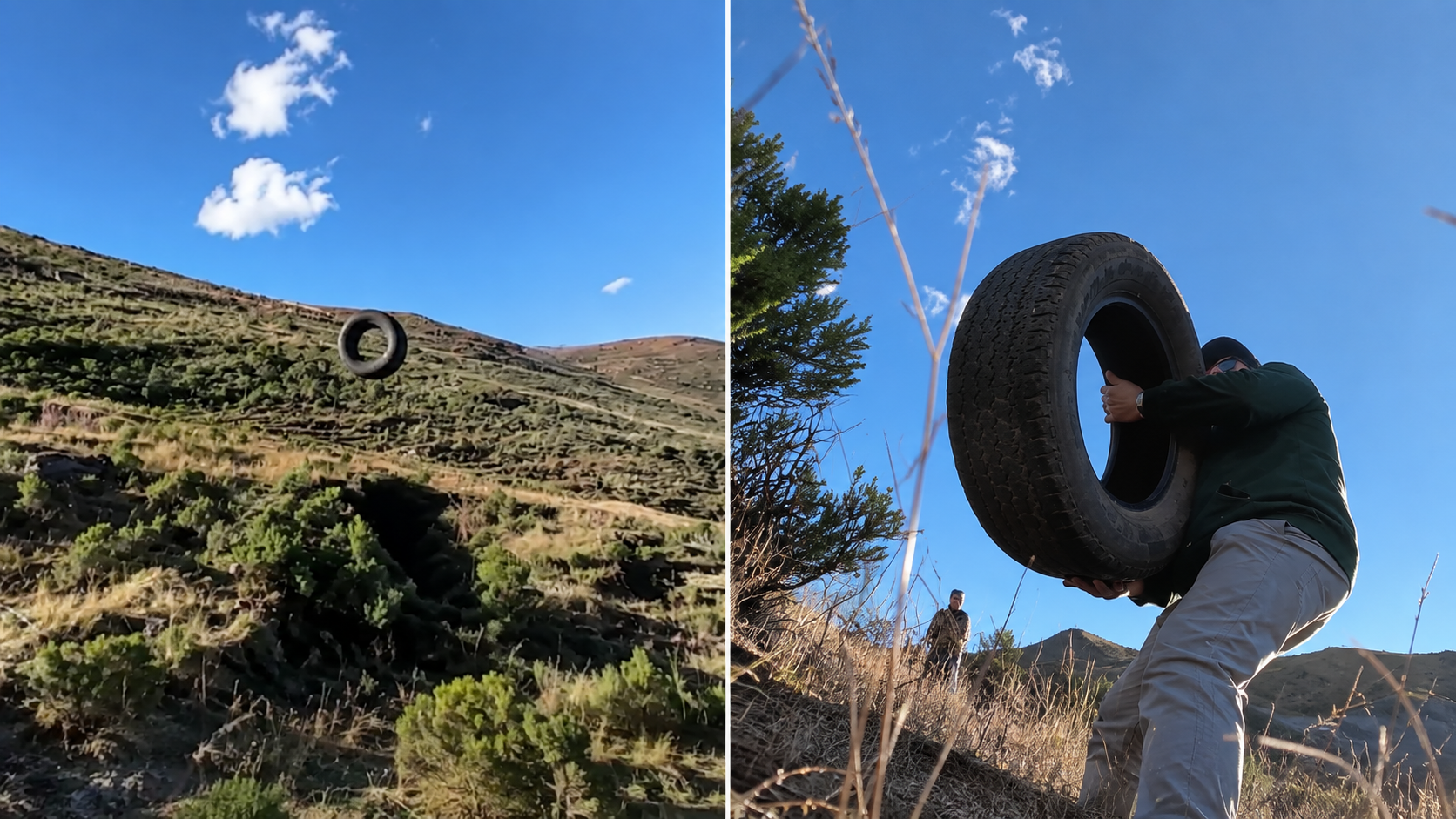 They rolled giant tires down a 2,000-foot mountain - then one came ...
