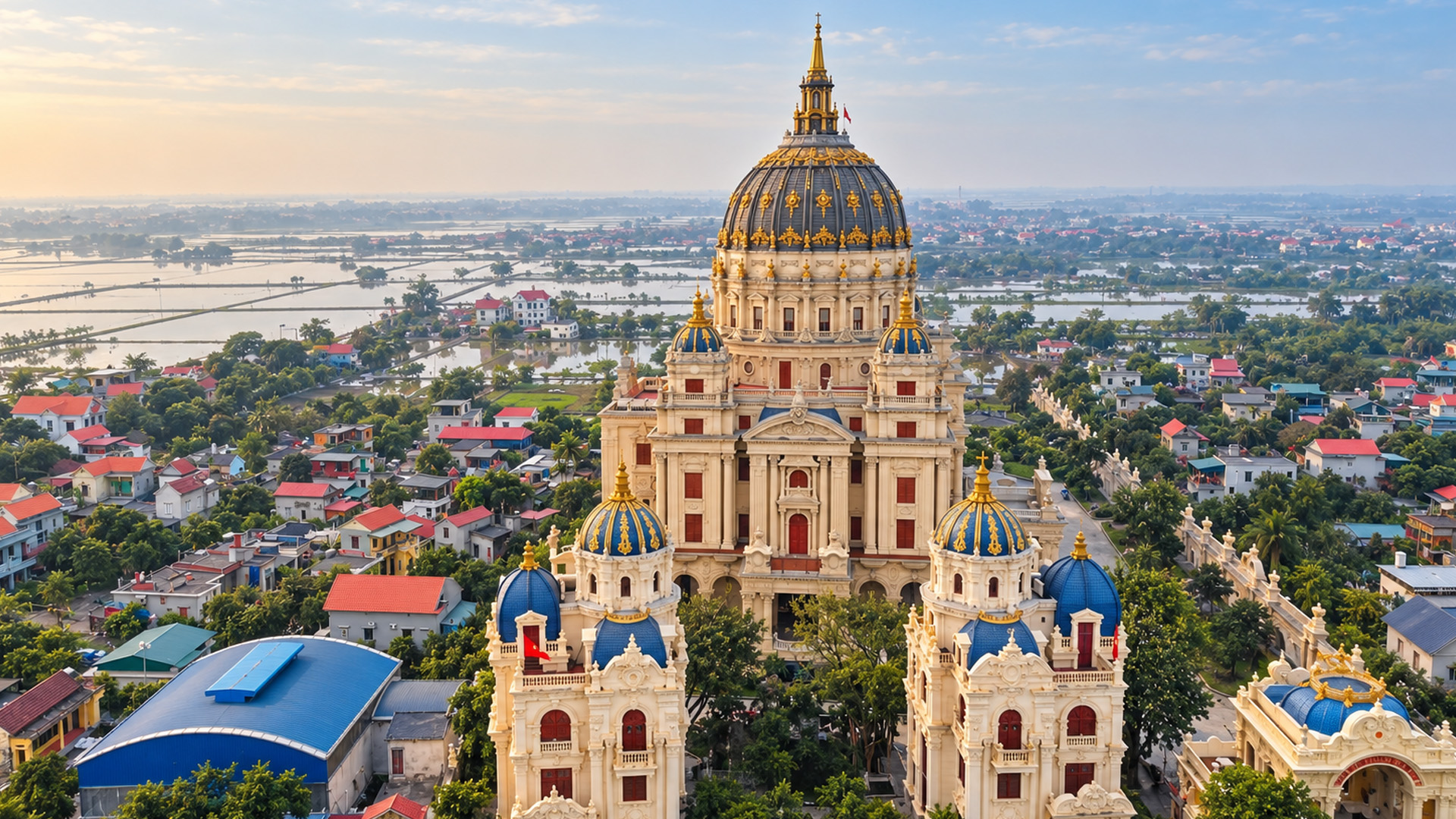 A European-style church standing in rural Vietnam