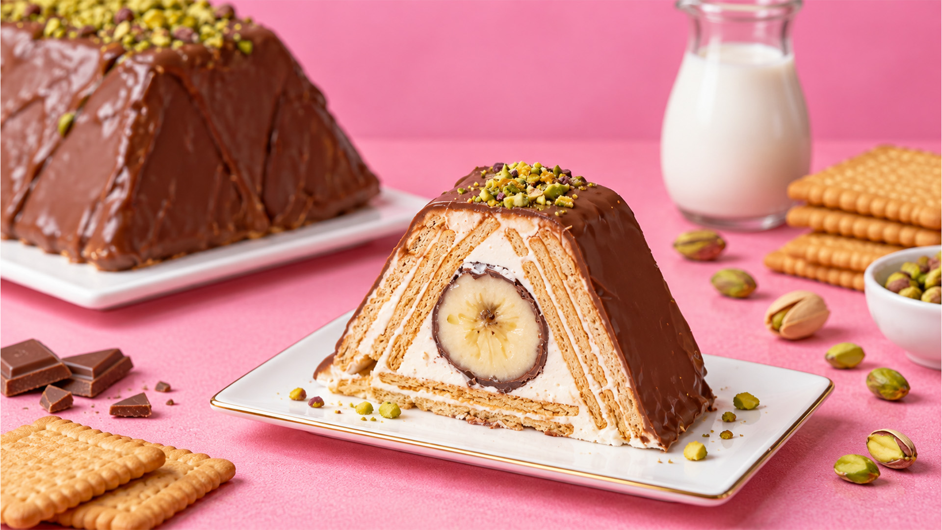 Chocolate covered biscuit cake with banana center