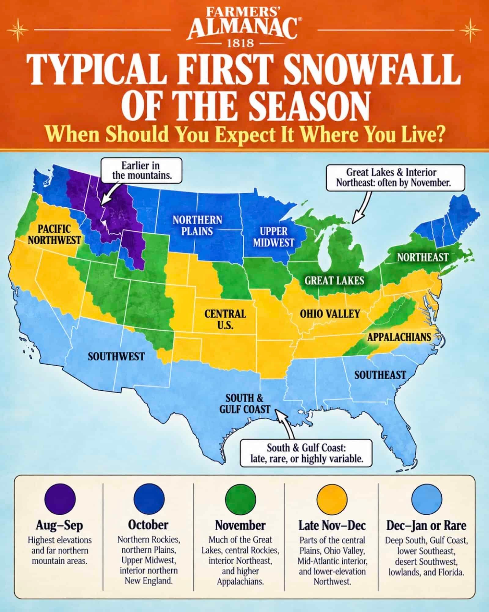When will New Jersey get snow? See Farmers' Almanac first snowfall map