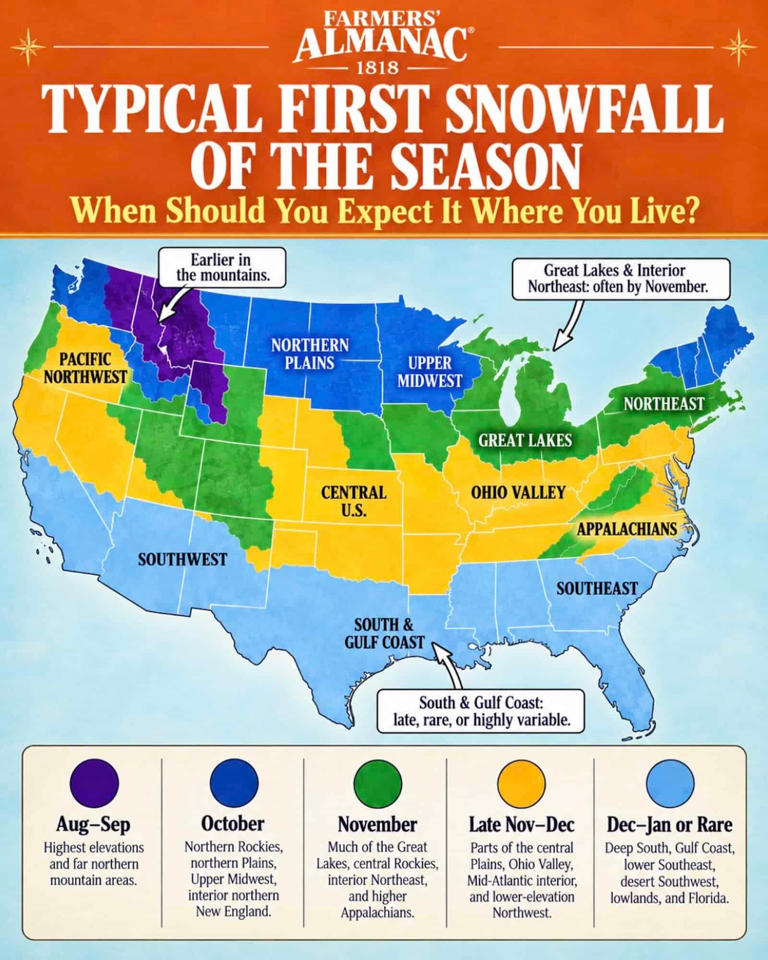 When will New Jersey get snow? See Farmers' Almanac first snowfall map