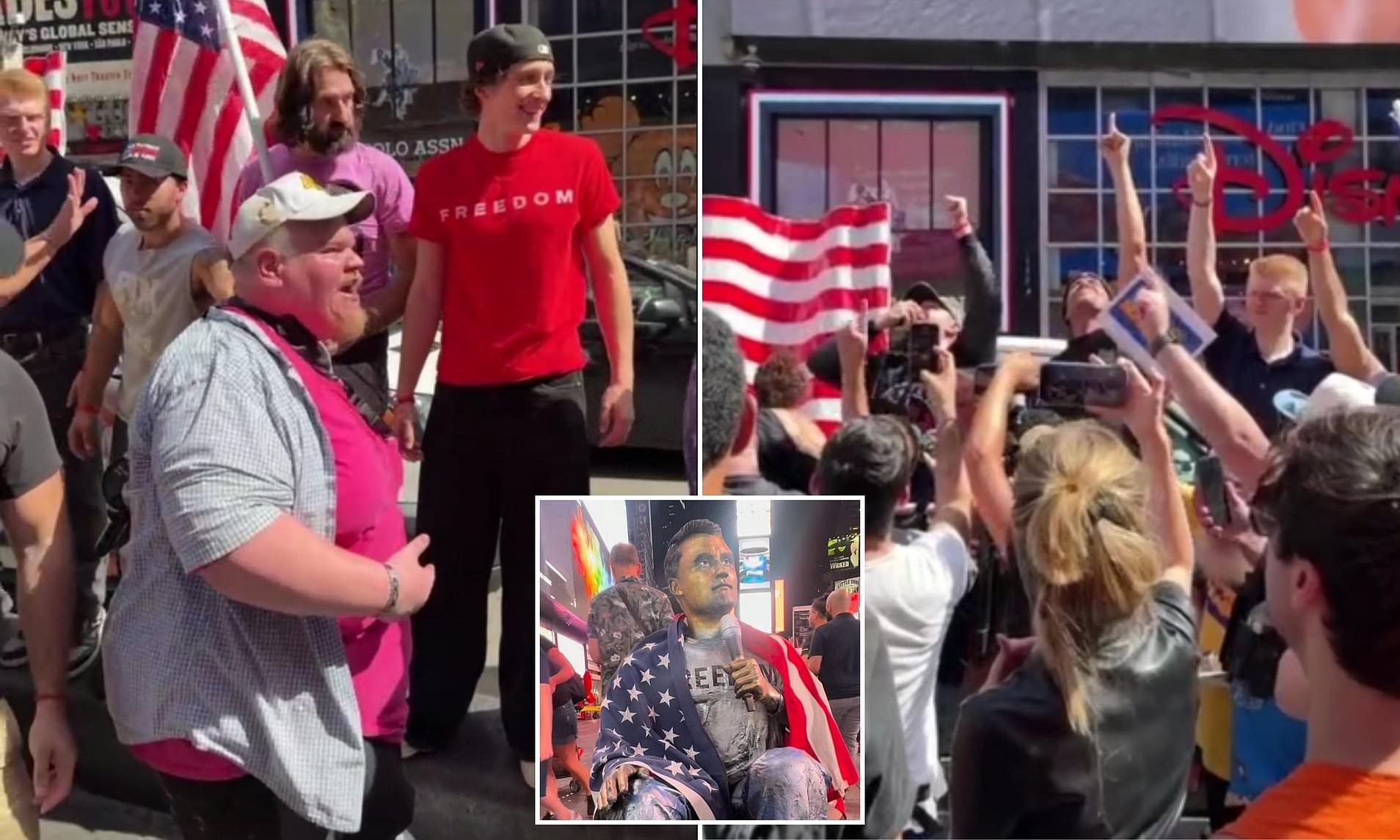 Charlie Kirk statue unveiling in Times Square descends into chaos as protesters clash
