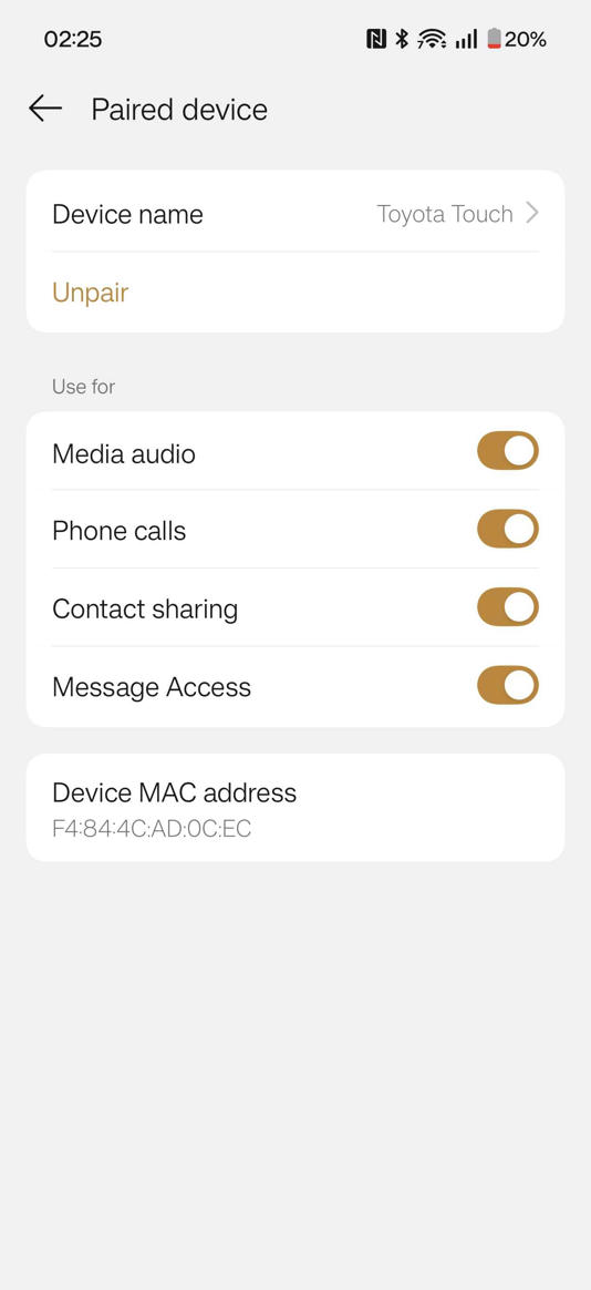 Bluetooth settings on an Android phone with a car connected.