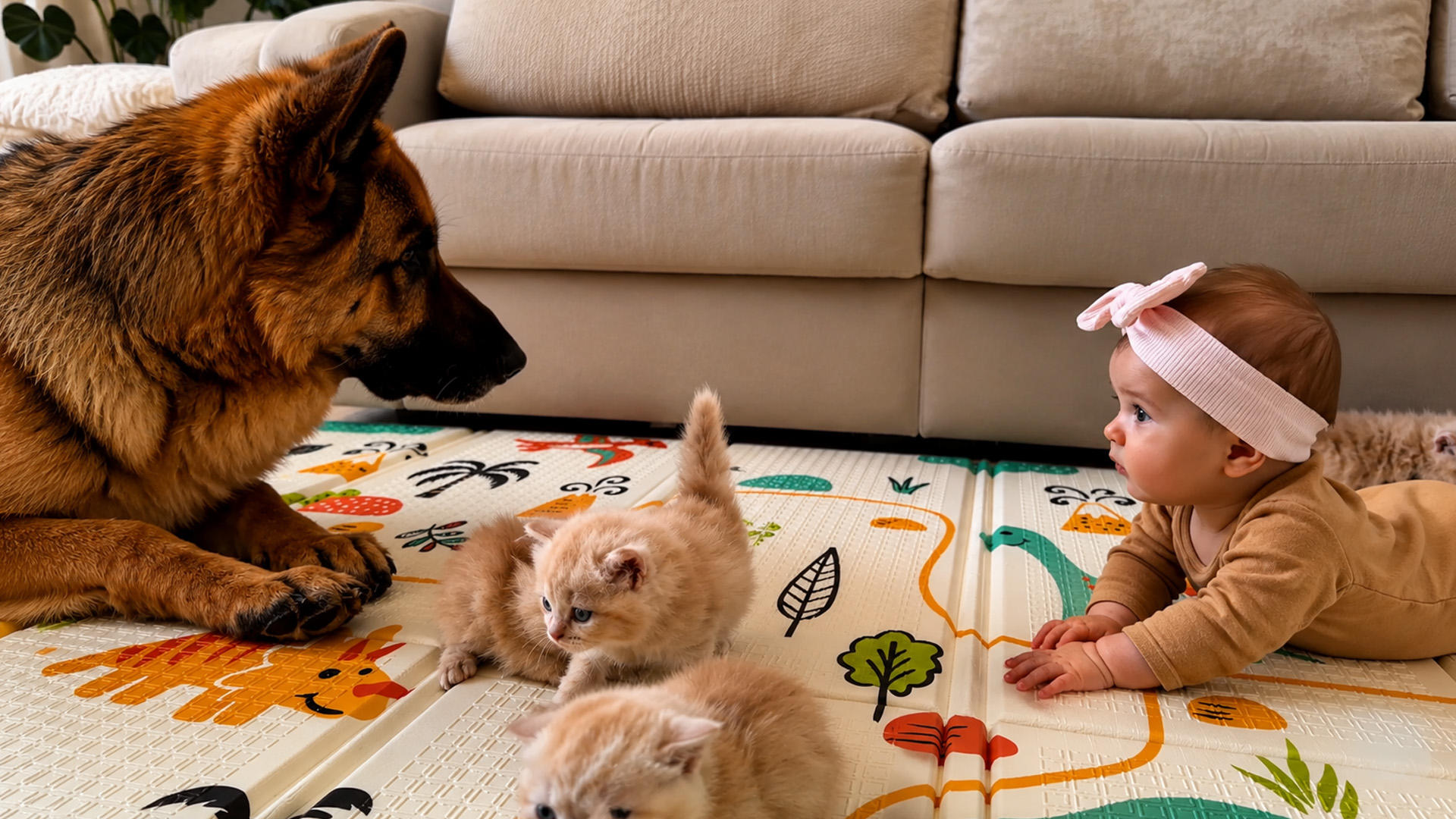 Baby and German shepherd share a kitten moment