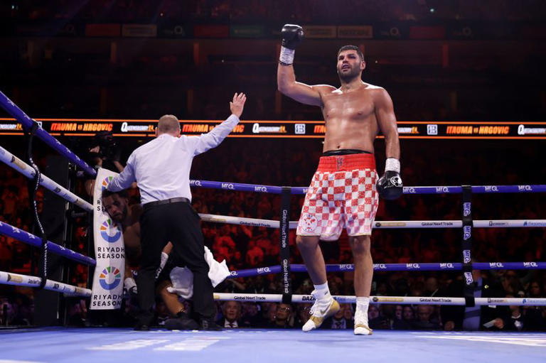 Filip Hrgovic (right) celebrates after knocking down Moses Itauma