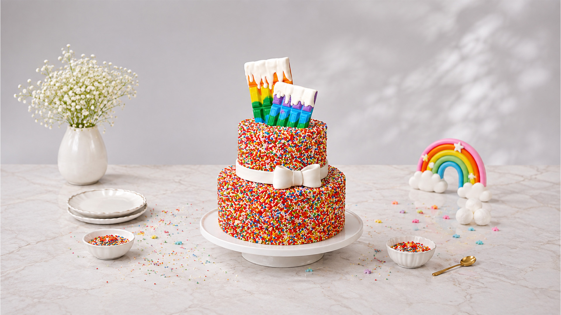 A rainbow sprinkle cake with chocolate bar toppers
