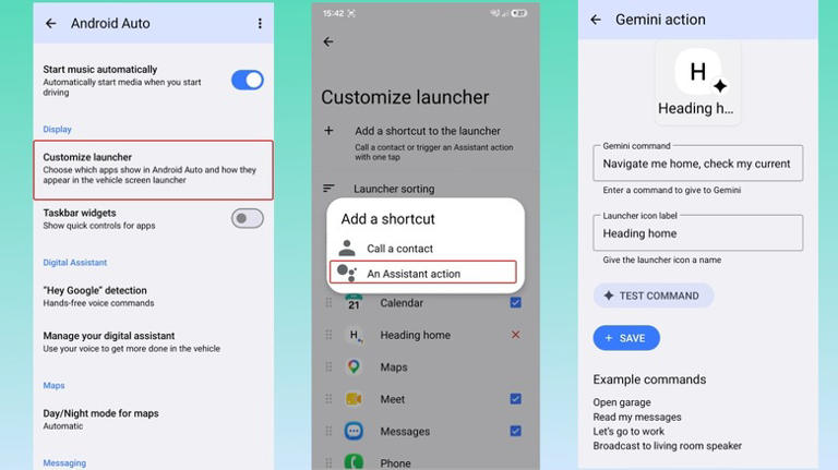 Screenshots of Android Auto app setting up an automation with Google Gemini.