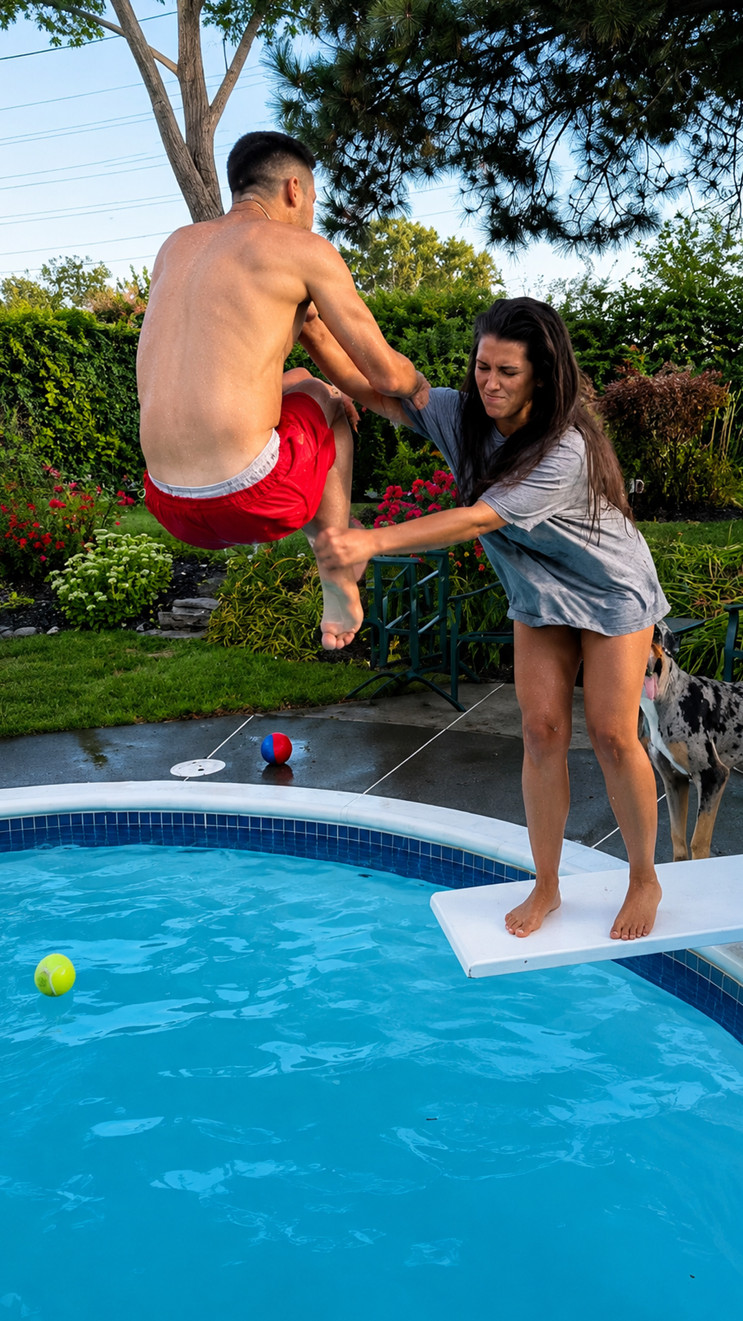 Sibling rivalry goes wrong during a backyard pool challenge
