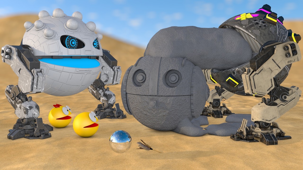 Pacman & the concrete blaster robot team | Disco ball & feather duster