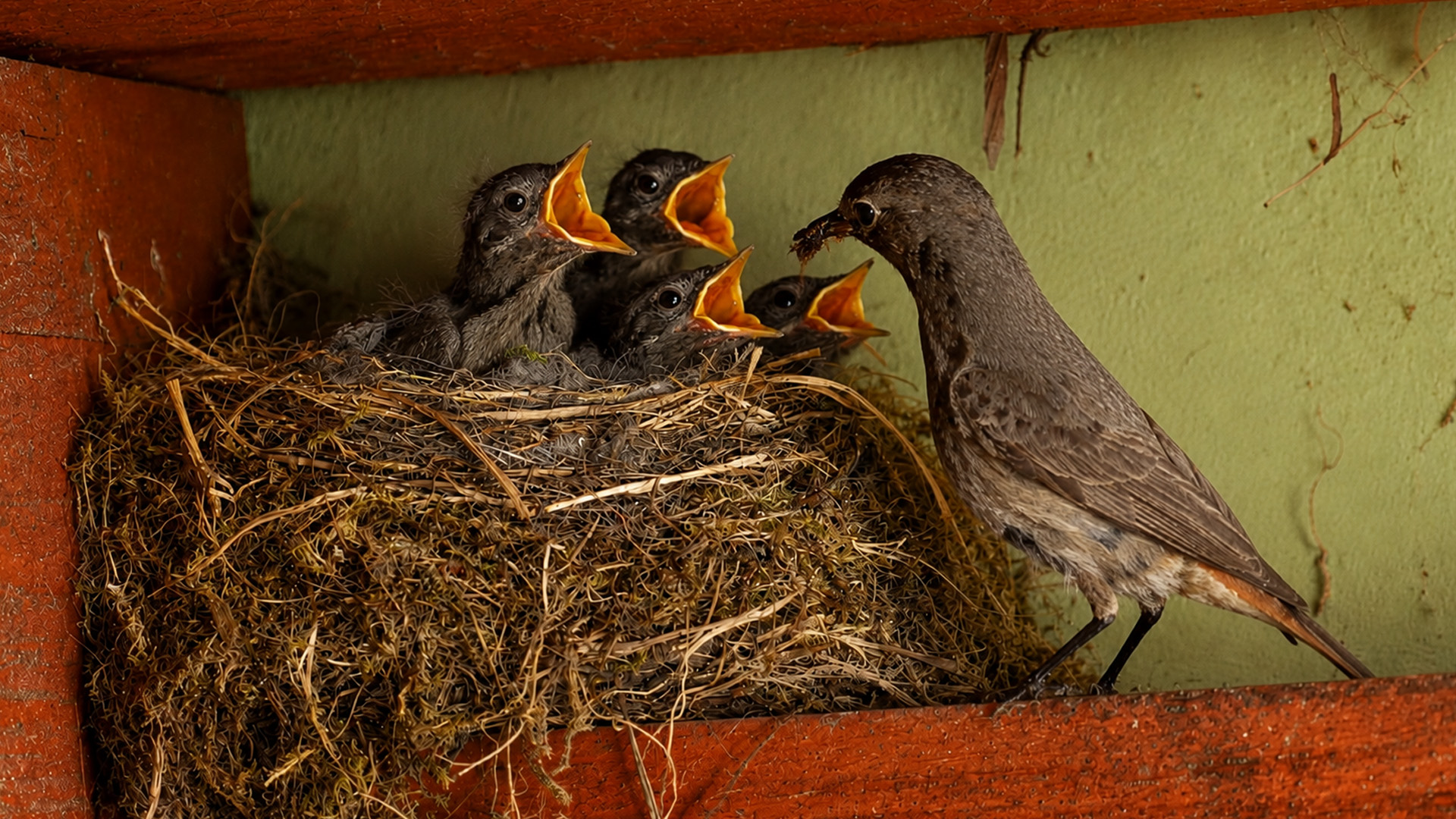 Hidden camera captures a black redstart feeding hungry chicks