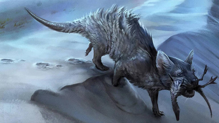 Ilustración que representa a la rata tras cazar a un pequeño dinosaurio (Júlia d'Oliveira/Elsevier)