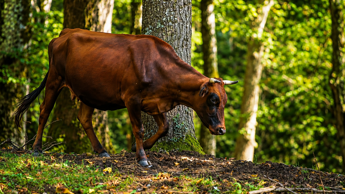Una vaca sola recorre un bosque tranquilo