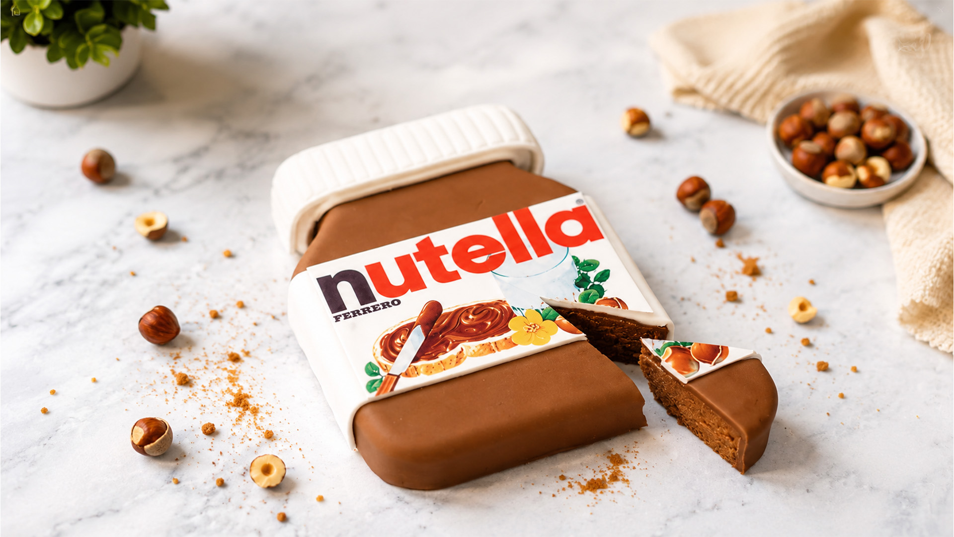 A familiar chocolate spread jar in cake form