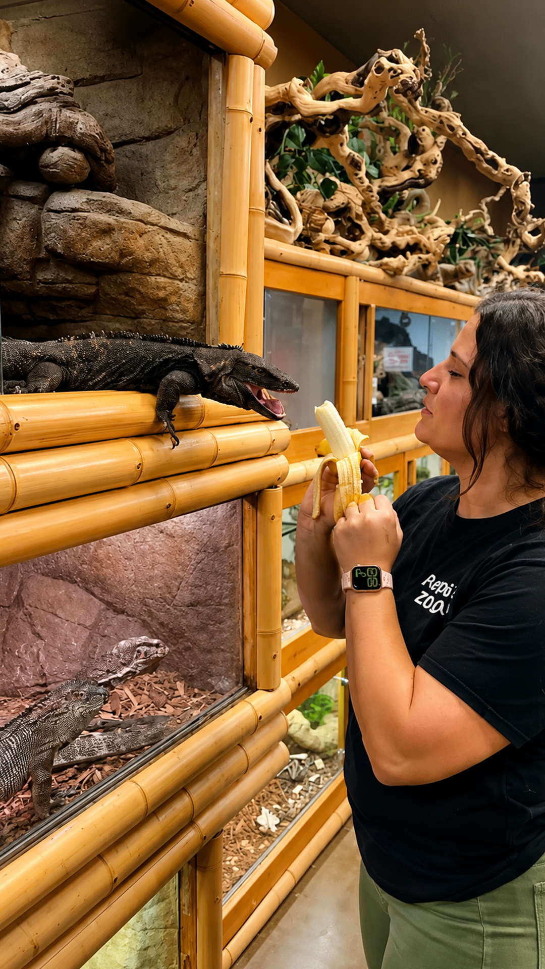 A Mexican spiny-tailed iguana enjoys a fresh banana during careful handling