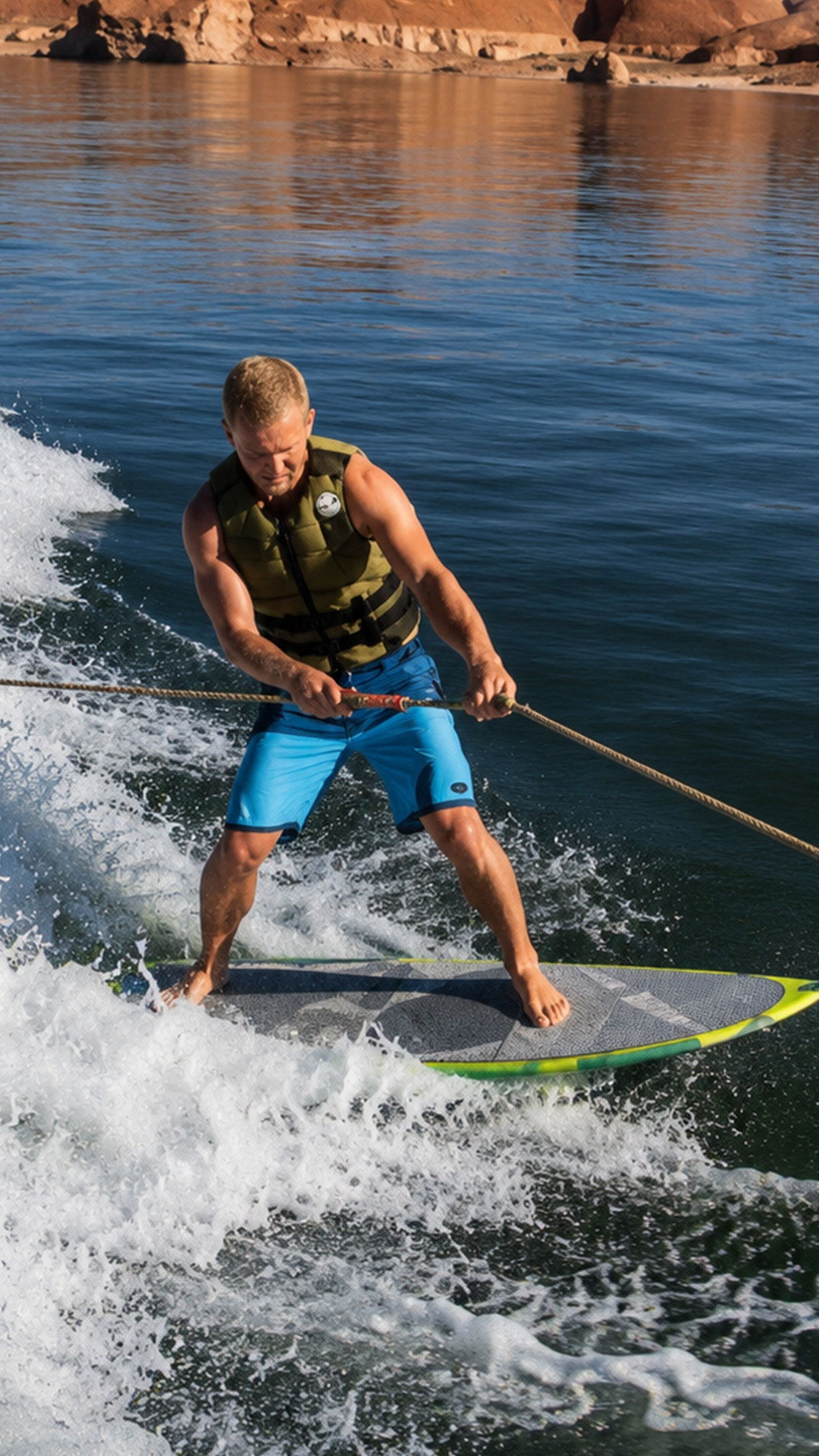 Wake surfing alongside a moving houseboat