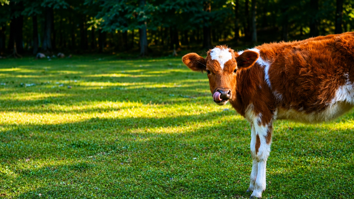 Un ternero curioso disfruta de un prado verde y tranquilo