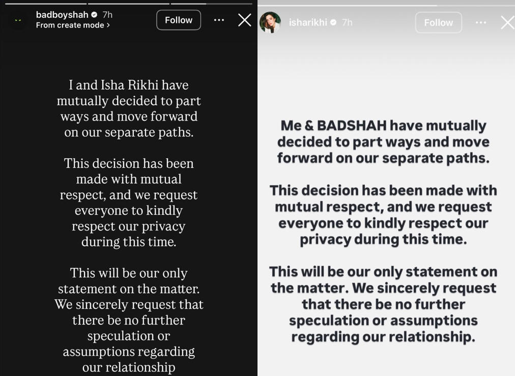 Badshah and Isha Rikhi's statements on their respective Instagram accounts. 