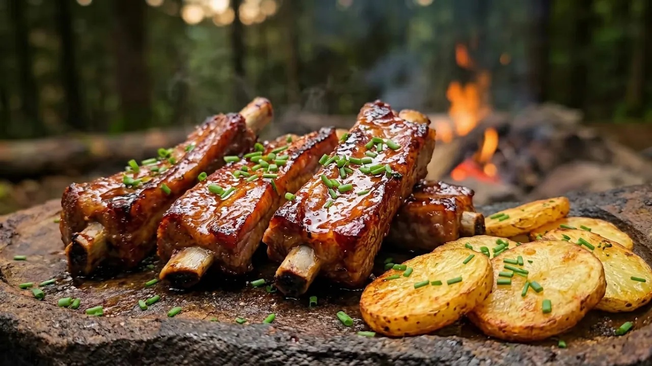 He cooked ribs on a scorching hot stone in the forest... the result ...