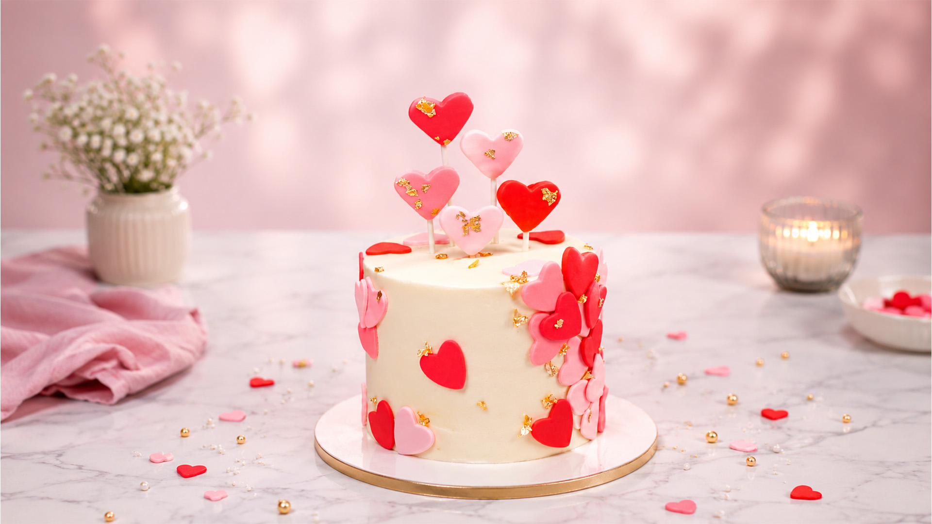 Pink and red hearts across a creamy cake