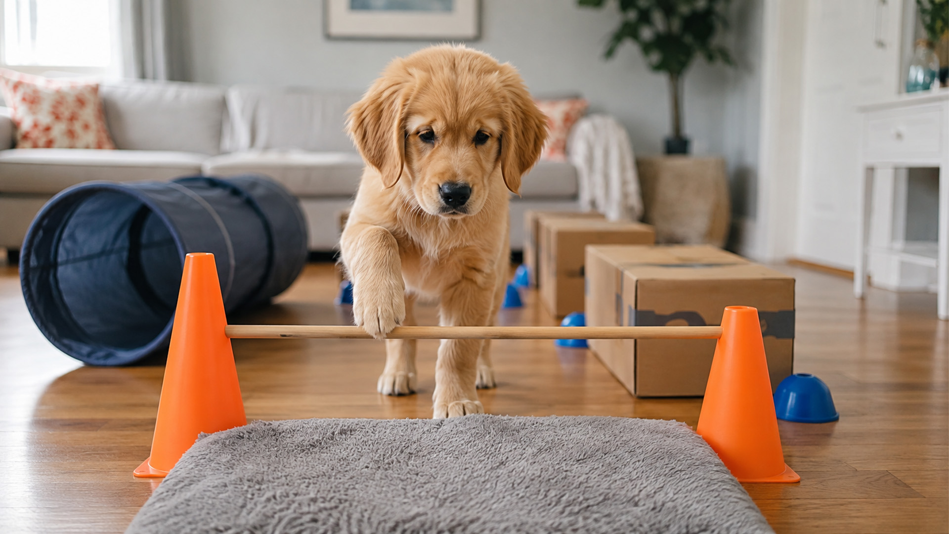 Golden retriever puppy tries challenge course