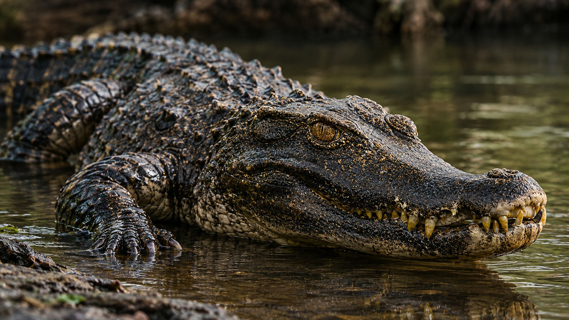 Hidden camera captures an alligator resting at the water’s edge