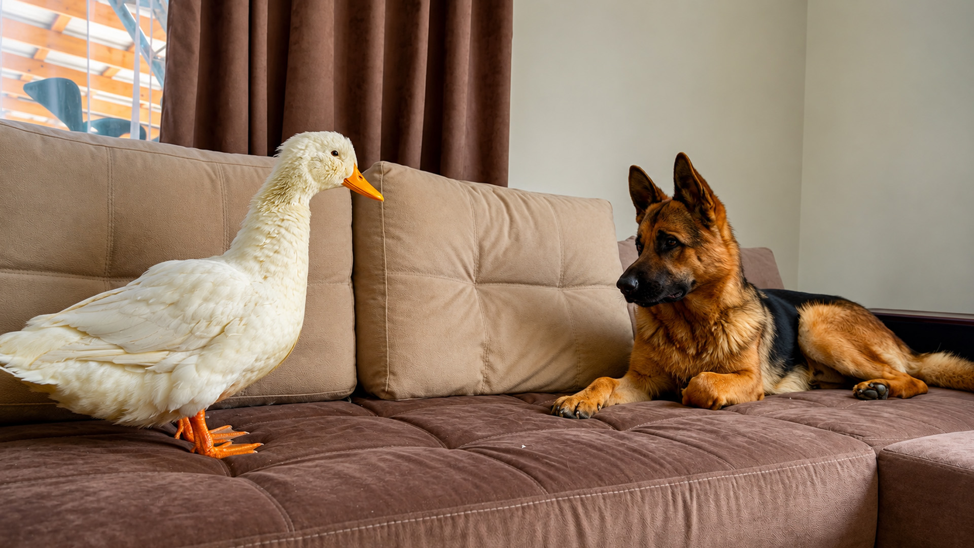 German shepherd meets a duck on the sofa