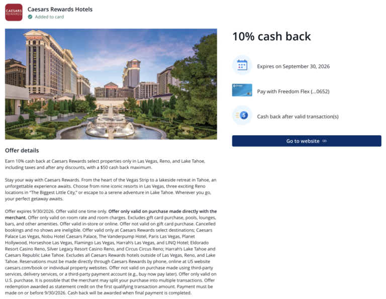 Chase offers: Get 10% cash-back at Caesars Rewards properties [Targeted]