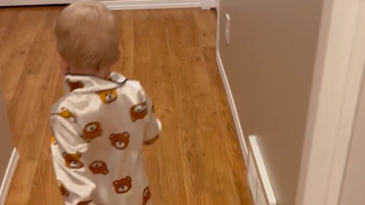 Young child joyfully rushes to bed for a peaceful night