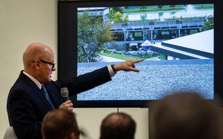 Chad Grunander, chief deputy Utah County attorney, points to where the shooting unfolded during closing arguments in the hearing - Reuters / Francisco Kjolseth