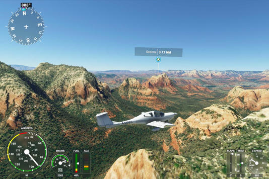 Screenshot from Microsoft Flight Simulator 2020 showing a plane over green terrain