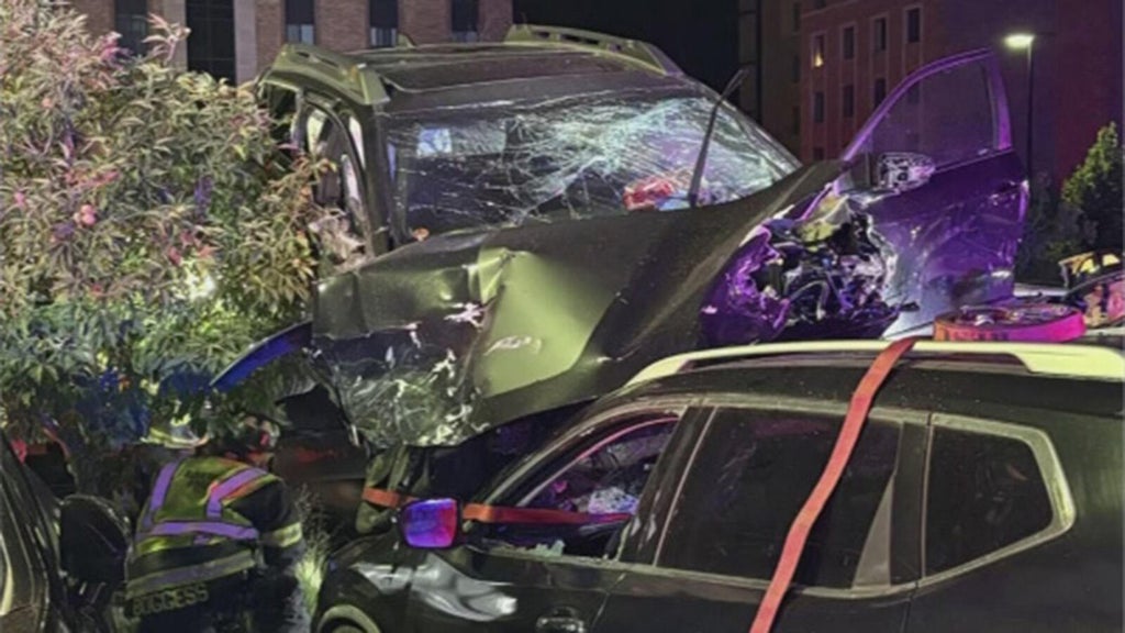 High speed crash damages a dozen cars in University of Colorado Boulder parking lot after car goes airborne