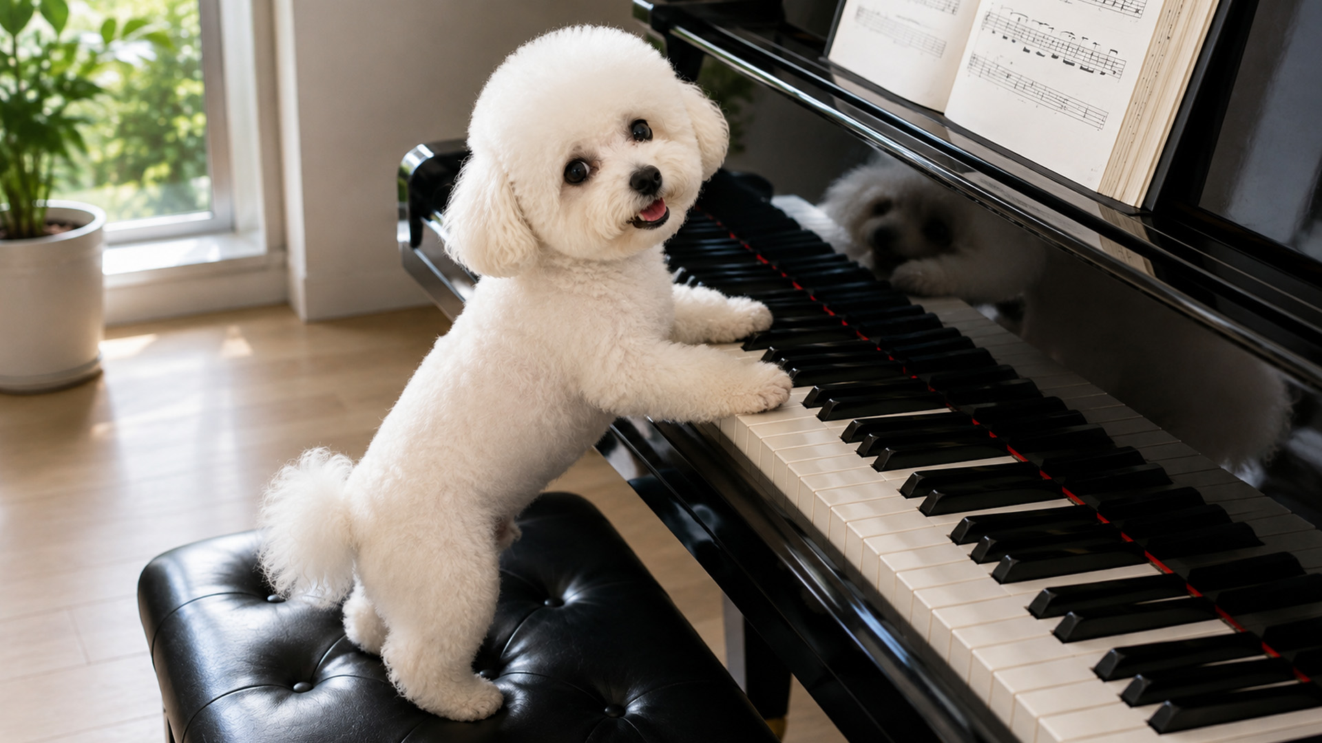 Harige Hond Probeert De Pianotoetsen Uit