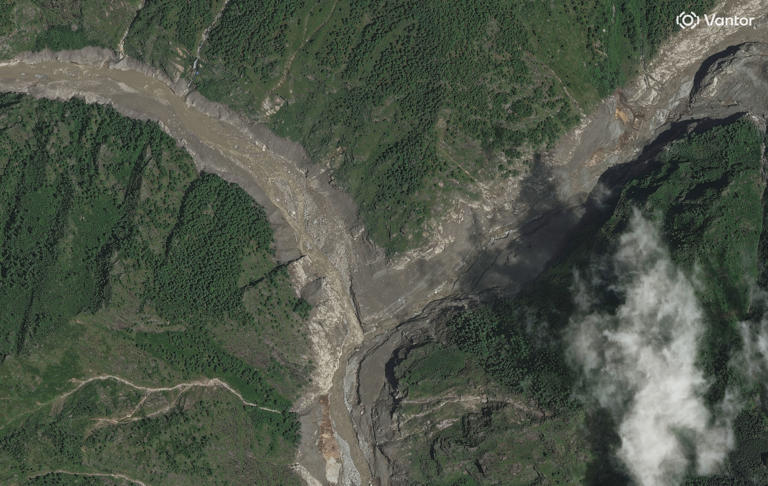 This satellite image provided by Vantor shows an overview of the China-Nepal border and the destroyed Rasuwagadhi border post in Nepal on Thursday, 27 August 2026 (AP)