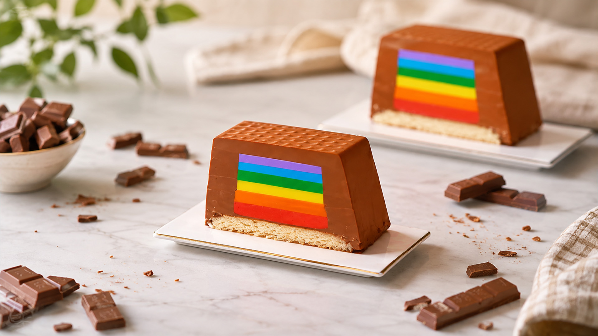 Colorful mousse layers beneath smooth chocolate