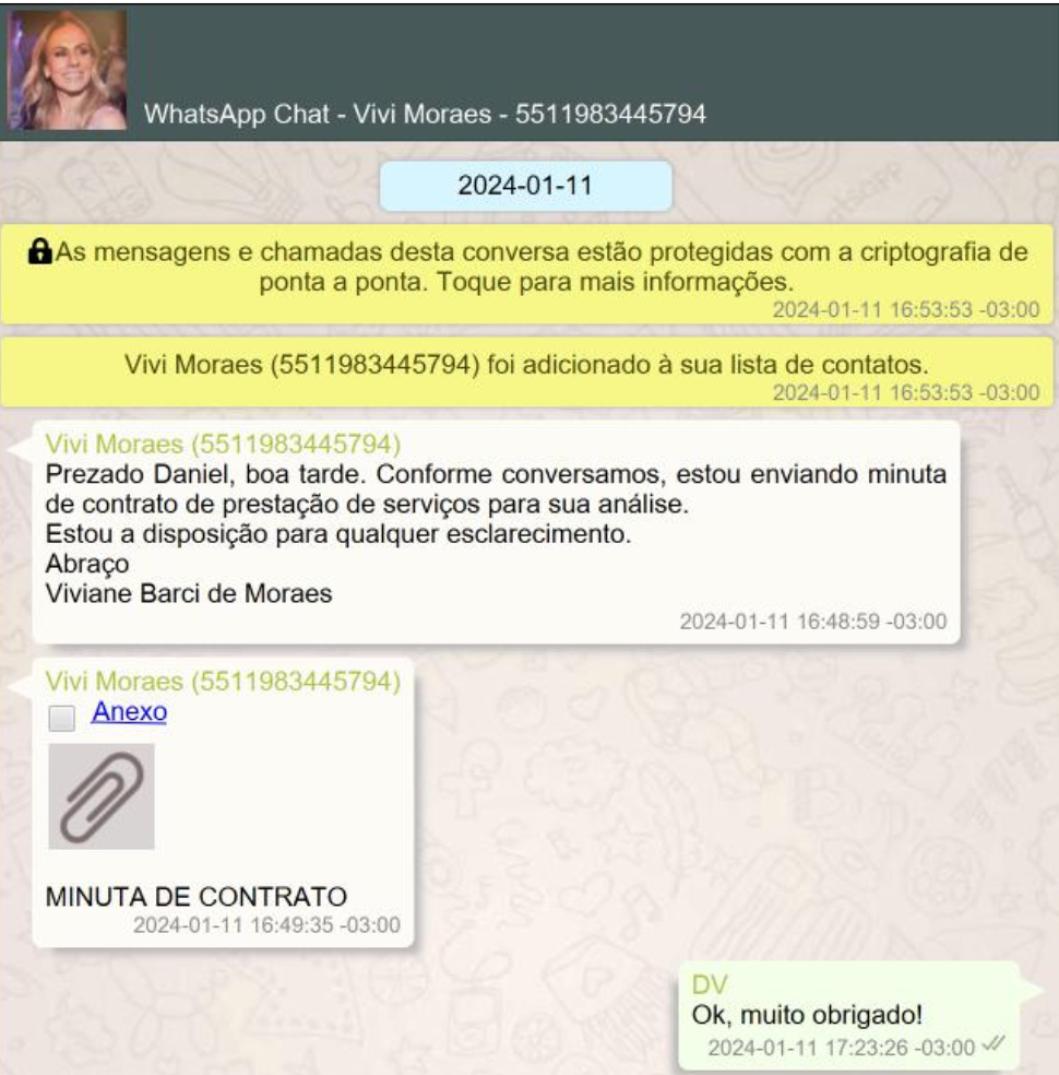 Mensagem atribuída a Viviane Barci de Moraes mostra envio de minuta de contrato de seu escritório a Daniel Vorcaro