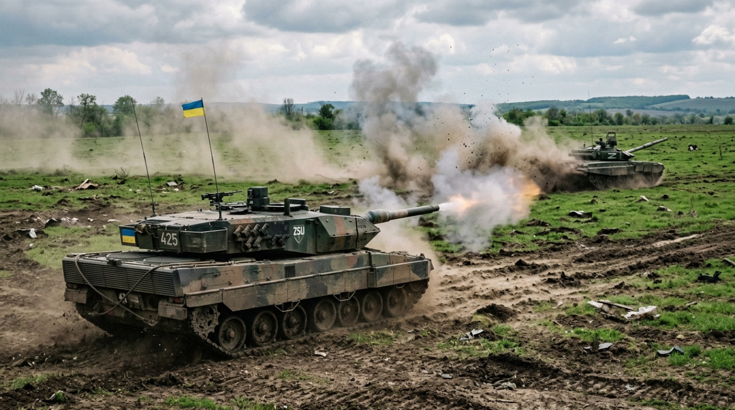 Leopard 2 hits a Russian tank and forces a retreat