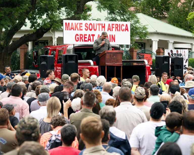 Afrikaans farmers picket in support of an executive order by Donald Trump, granting Afrikaners refugee status in the US, outside the US embassy in Pretoria, South Africa, on 15 February 2025. Photograph: Kim Ludbrook/EPA