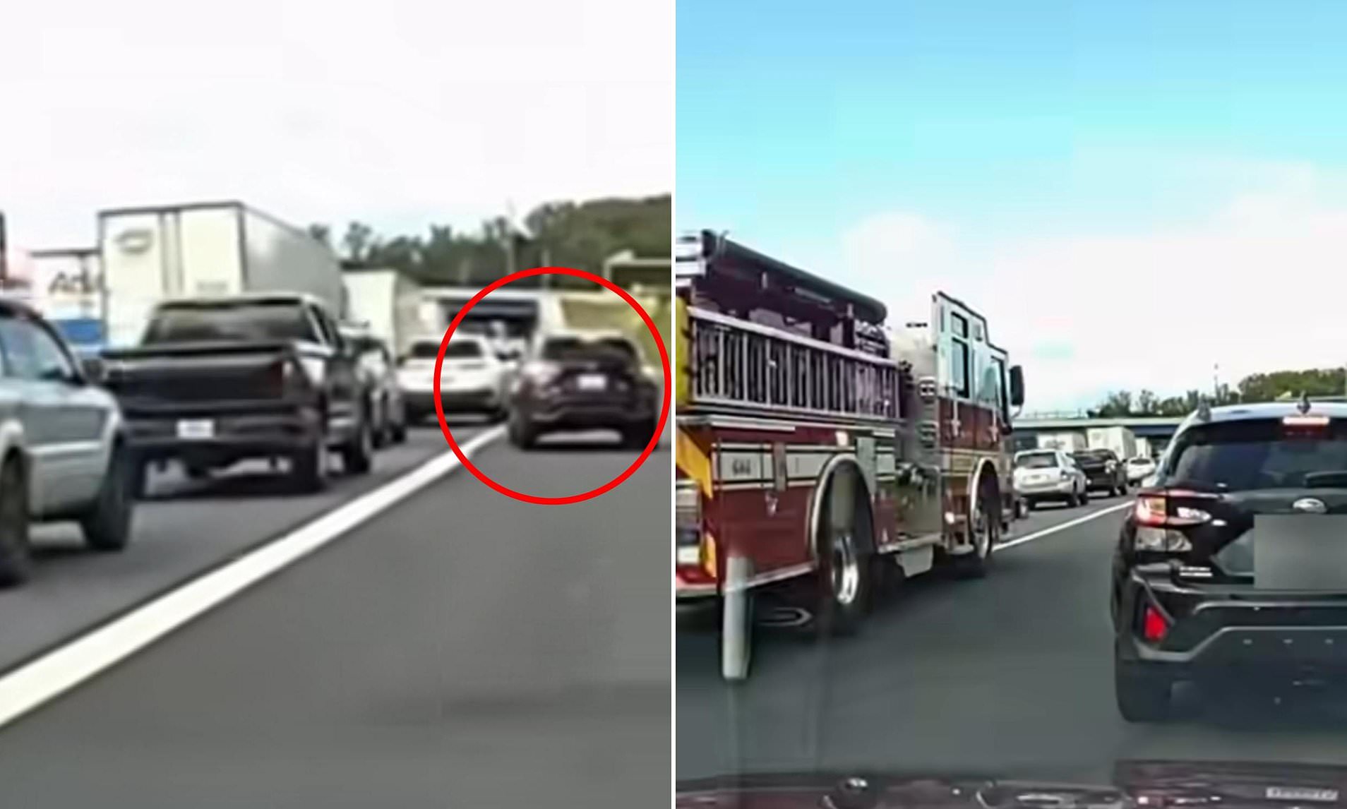 Satisfying moment driver is taught harsh lesson after trying to skip traffic by driving on shoulder