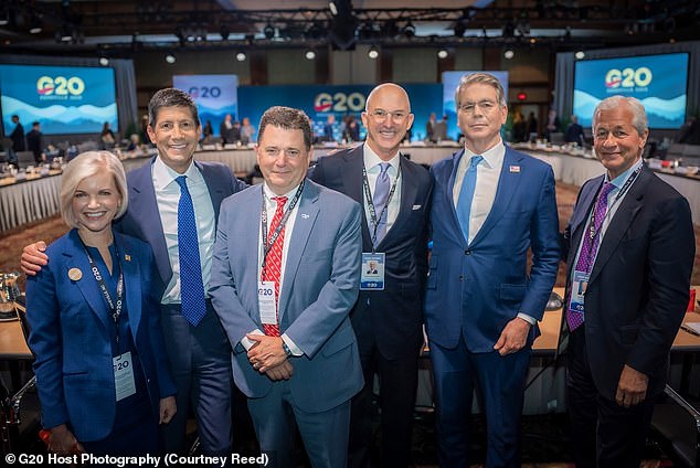 Fed Chair Kevin Warsh (second from left), Bessent (second from right) and Dimon (far right) at the summit in North Carolina
