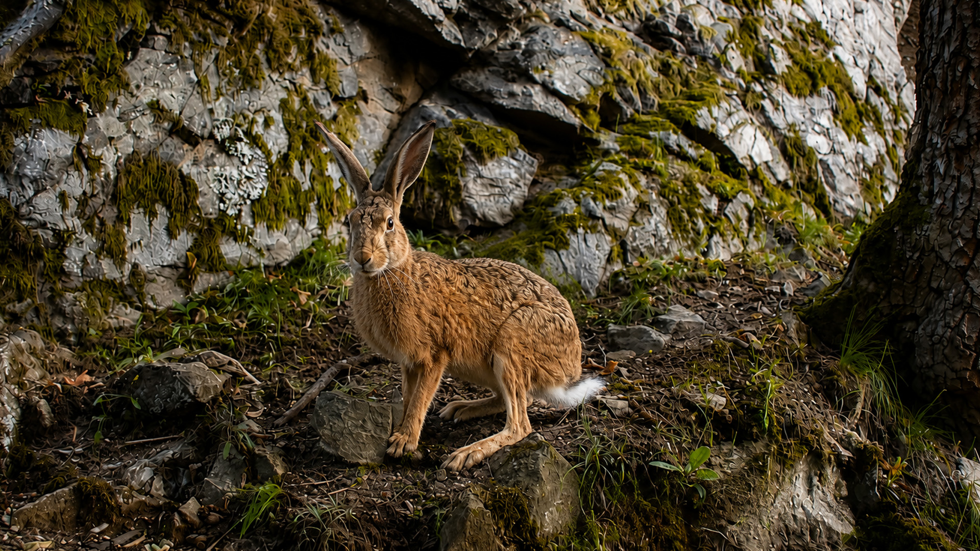 Camera trap captures a wild hare pausing on a rocky forest slope