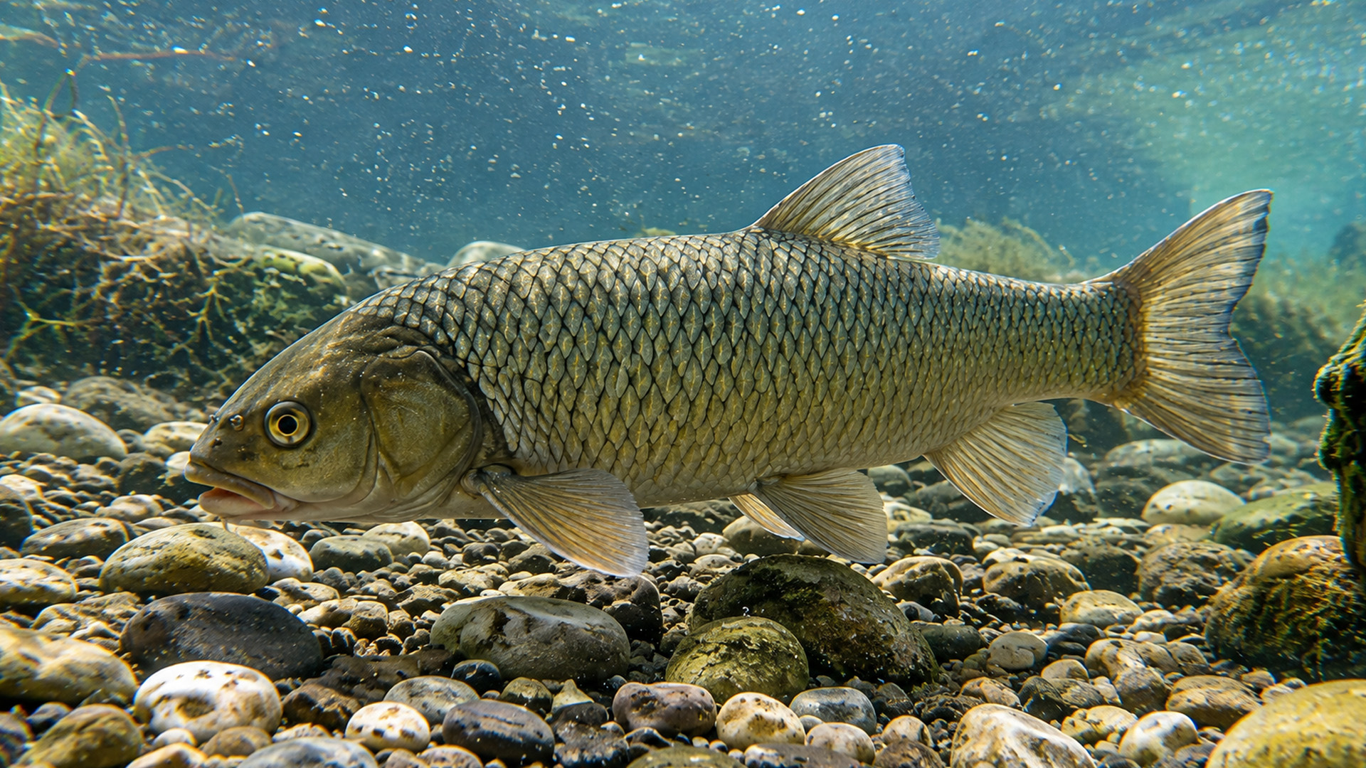 Hidden camera captures a large freshwater fish cruising over river stones