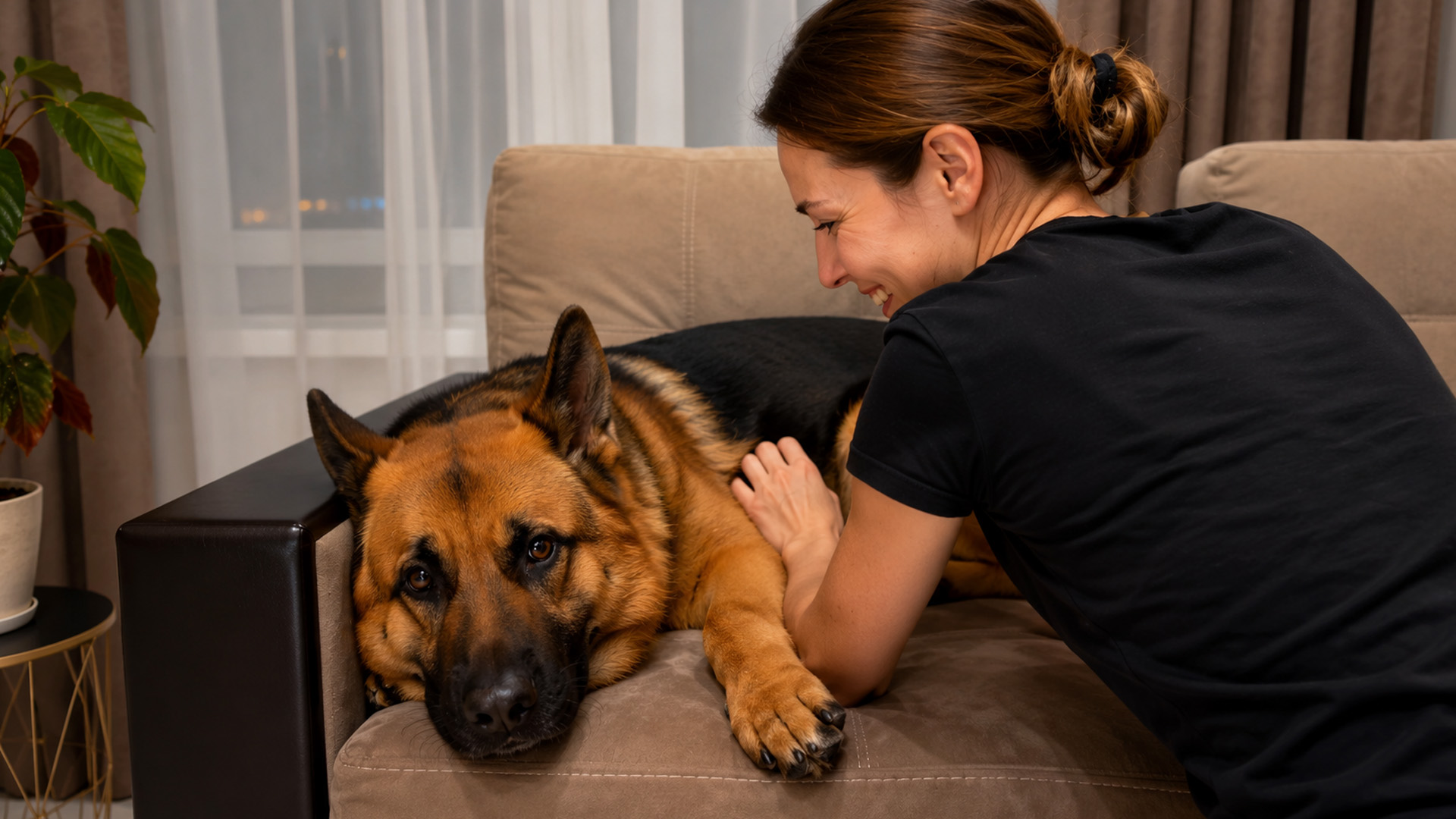 German shepherd gets playful during cuddle time