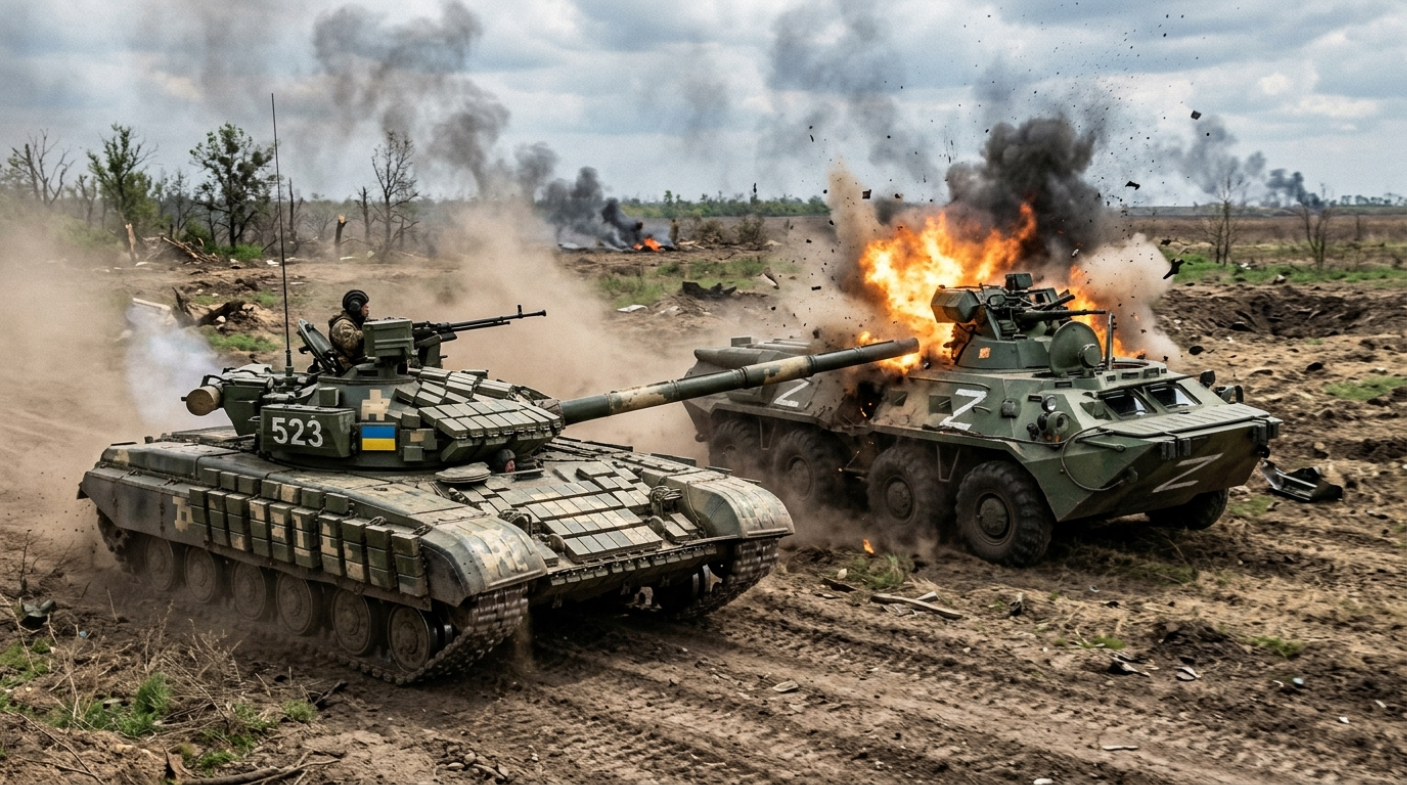 Ukrainian T-64 tanks destroy a Russian BTR in close combat