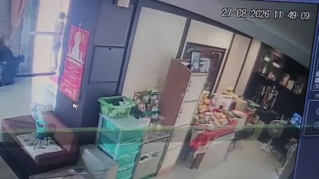 Mischievous pet Pomeranian greets delivery rider by biting his toes